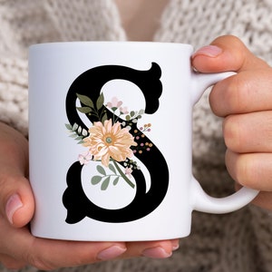 Personalized Gift Mug, Bridal Gift Mug, Floral Letter S Mug, Customizable Gift, Monogram Flower Mug, Letter Cup