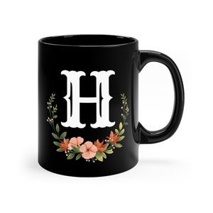 Floral Monogram Mug With Letters, Personalized Letter H Mug, Mug with Initials, Ceramic Cup with Letter, Monogram Letter Mug
