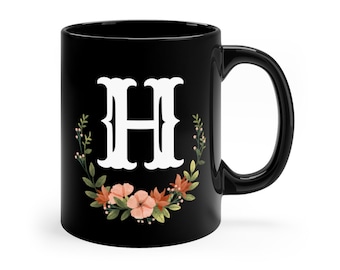 Taza de monograma floral con letras, taza de letra H personalizada, taza con iniciales, taza de cerámica con letra, taza de letra de monograma