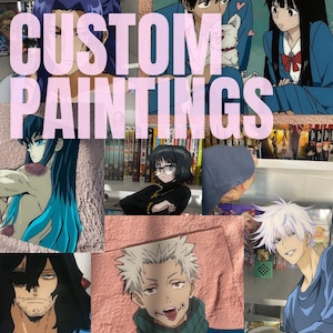Może przedstawiać: Kolaż niestandardowych obrazów przedstawiających postacie z anime. Różowy tekst "CUSTOM PAINTINGS" jest nałożony. Grafika przedstawia różne postacie ze skomplikowanymi detalami i żywymi kolorami na różowym tle.