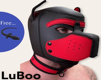 Leather Dog Mask Puppy Cosplay Pup Role Play with Free Tail - Red