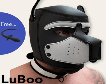 Leather Dog Mask Puppy Cosplay Pup Role Play with Free Tail - White