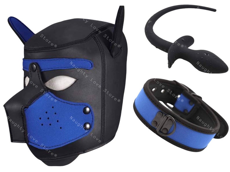 Blue Pup Hood Gimp Mask Dog Puppy Bondage BDSM Cosplay + Collar + FREE Insertable Tail Butt Plug 