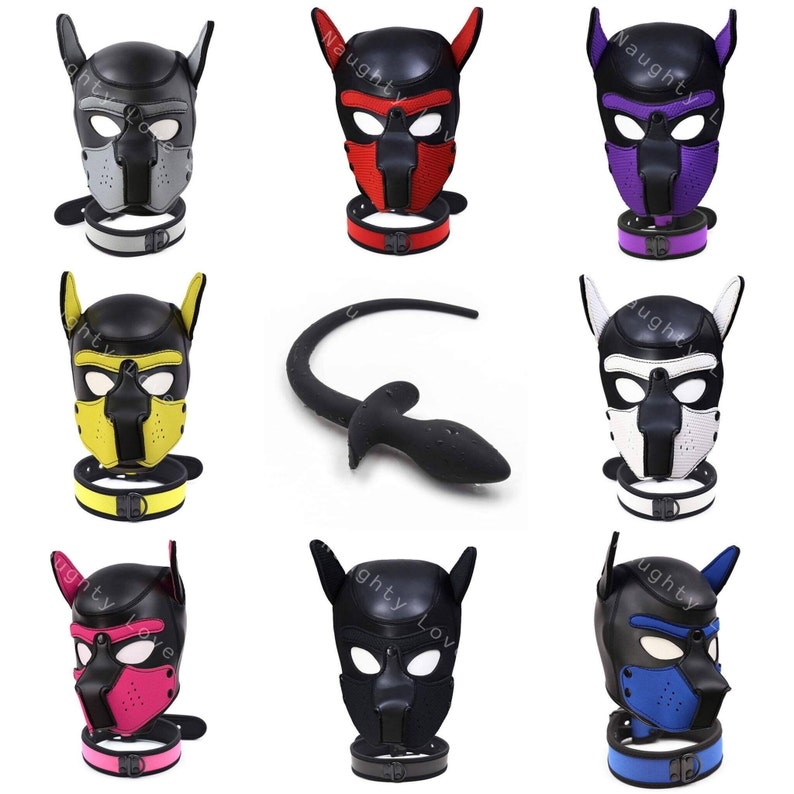 Pup Hood Gimp Mask Dog Puppy  Bondage BDSM Cosplay + Collar + FREE Insertable Tail Butt Plug 