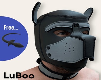 Leather Dog Mask Puppy Cosplay Pup Role Play with Free Tail - Grey