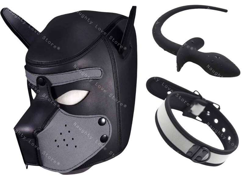 Grey Pup Hood Gimp Mask Dog Puppy Bondage BDSM Cosplay + Collar + FREE Insertable Tail Butt Plug 