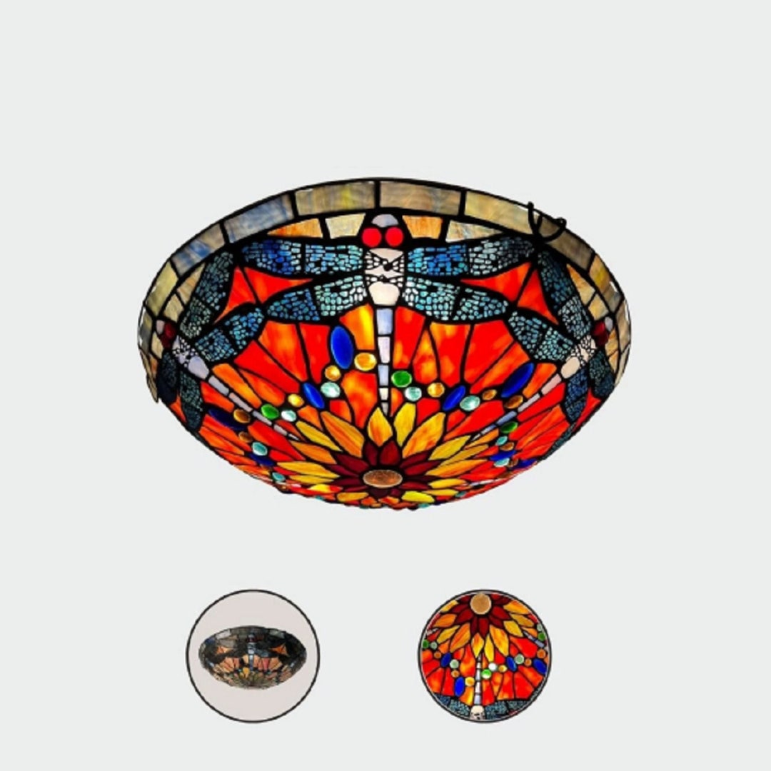 Stained Glass Ceiling Light, Semi Flush Mount Ceiling Lamp, 3lights 16