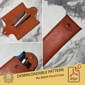 May include: A downloadable PDF pattern for a no-stitch leather pencil case. The pattern is shown with a brown leather case with a flap and a snap closure. The case is filled with pens and pencils.