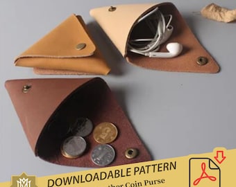 Padrão de bolsa de couro triangular em PDF; bolsa de moedas minimalista de couro faça você mesmo, bolsa de couro para fone de ouvido e pacote de cabo de dados, bolsa de moedas em PDF