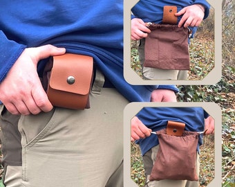 Sac banane fabriqué à la main en cuir et en toile - Équipement d&#39;extérieur pliable pour la randonnée, le camping et la cueillette de champignons