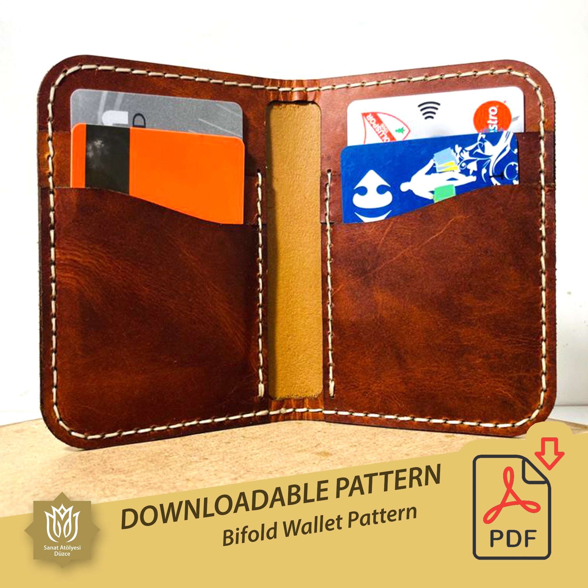 Modèle PDF de portefeuille à deux volets en cuir, portefeuille mince à deux volets en cuir minimaliste téléchargeable, modèle de maroquinerie téléchargeable