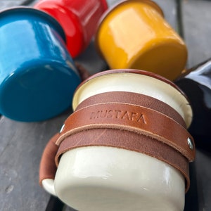Personalized Enamel Mug, Leather Custom Enamel Mug, Camping Mug, Mug Gift, Travel Mug, Outdoor mug, Leather Gift Mug