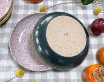 Unique Handcrafted Ceramic Tall Plate (Pale Rose and Lapis) for Pasta, Salad, Breakfast Bites and One-plate Meals