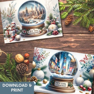 Cartoline di Natale stampabili, cartoline di buon Natale, cartoline del paesaggio urbano di New York ad acquerello, pacchetto di biglietti di auguri per le vacanze, design del globo di neve