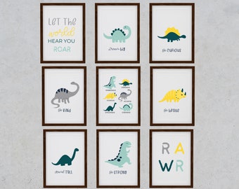 Dinosaur Wall Art Bundle, Set of 9, Nursery Wall Art, Dinosaur Bedroom Prints, Dinosaur Playroom Images