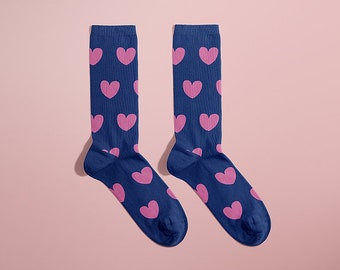 Sequined French socks, Les Inséparables pink sequined heart and navy blue background