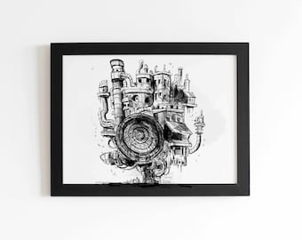 Dessin à l’encre originale et unique d’une ville imaginaire au stylo bic