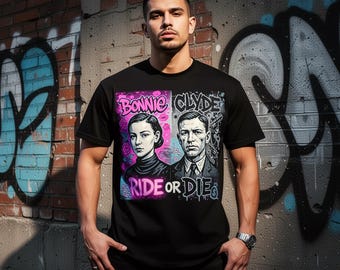 Bonnie and Clyde Ride or Die T-Shirt Design, Vintage Gangster Couple Graphic Tee