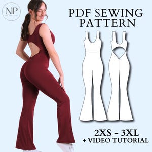 May include: PDF sewing pattern for a jumpsuit with a keyhole back. The pattern includes sizes 2XS to 3XL and a video tutorial. The pattern is shown on a white background with a model wearing a burgundy jumpsuit.