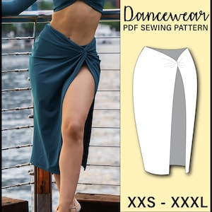 Puede incluir: Se muestra una falda de baile de color verde azulado con una abertura alta y una cintura anudada. La imagen también presenta un patrón de costura en PDF para ropa de baile, con el texto "Dancewear PDF Sewing Pattern" y el rango de tallas "XXS - XXXL".
