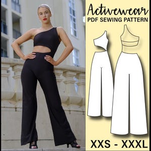 Könnte beinhalten: Schwarzer One-Shoulder-Jumpsuit mit Cutout-Design. Das Bild zeigt auch ein PDF-Schnittmuster für Activewear, einschließlich einer Strichzeichnung des Jumpsuits und dem Text "Activewear PDF Sewing Pattern" und "XXS - XXXL".