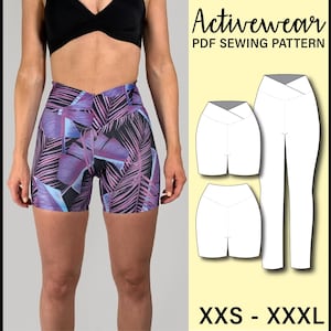Könnte beinhalten: Activewear PDF-Schnittmuster mit Shorts und Leggings. Das Bild zeigt eine Frau, die hoch taillierte Shorts mit einem lila-schwarzen tropischen Blätterdruck trägt. Das Muster umfasst Größen von XXS bis XXXL.