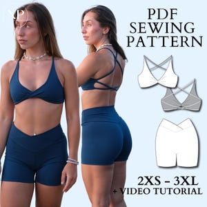 May include: PDF sewing pattern for a sports bra and shorts. The pattern includes sizes 2XS to 3XL and a video tutorial. The pattern is shown on a model wearing a blue sports bra and shorts.