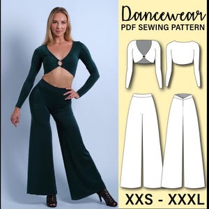 Puede incluir: Una mujer con un atuendo de baile verde oscuro, que consiste en un top corto de manga larga con un detalle de anillo y pantalones de pierna ancha. La imagen también muestra un patrón de costura PDF con ilustraciones de un bolero y pantalones, tallas XXS a XXXL.