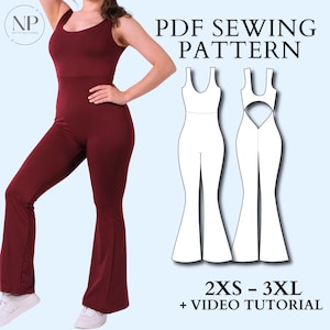 May include: PDF sewing pattern for a jumpsuit with a keyhole back. The pattern includes sizes 2XS to 3XL and a video tutorial. The pattern is shown on a white background with a model wearing a maroon jumpsuit.