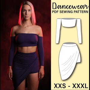 Puede incluir: Una mujer con un atuendo de baile morado oscuro con un top sin hombros, mangas largas y una falda cruzada. La imagen también muestra un dibujo lineal del atuendo y el texto "Dancewear PDF Sewing Pattern" y "XXS - XXXXL".