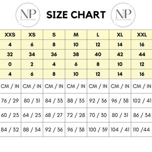 May include: Size chart for clothing with measurements in inches and centimeters. The chart includes sizes XXS through XXXL, with corresponding measurements for bust, waist, and hips.