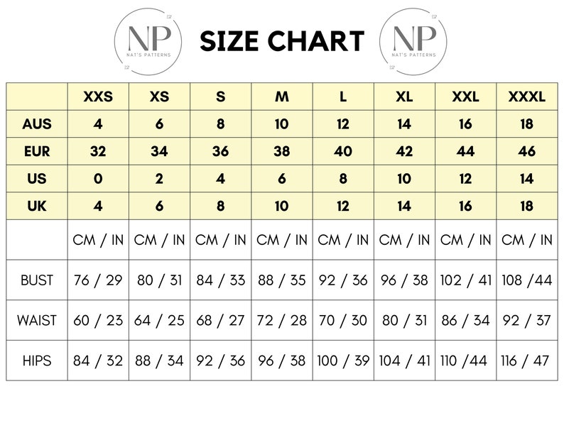 May include: Size chart for clothing with measurements in inches and centimeters. The chart includes sizes XXS through XXXL, with corresponding measurements for bust, waist, and hips.