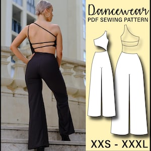 May include: Black dancewear jumpsuit with a one-shoulder design and open back. The image also features a PDF sewing pattern for the jumpsuit, with sizes ranging from XXS to XXXL. The text "Dancewear PDF Sewing Pattern" is displayed at the top.