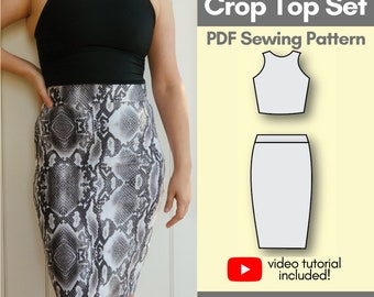 May include: A PDF sewing pattern for a pencil skirt and crop top set. The pattern includes a video tutorial and is available in sizes XS-XL.