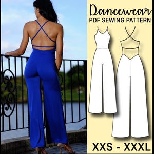 May include: A cobalt blue jumpsuit with a crisscross back design. The image also features a line drawing of the jumpsuit and the text "Dancewear PDF Sewing Pattern" with size options from XXS to XXXL.