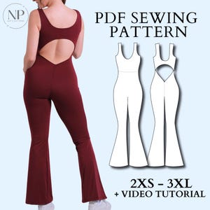 May include: A burgundy jumpsuit with a scoop neckline and open back. The jumpsuit has a flared leg design. The image also includes a PDF sewing pattern with the text "PDF Sewing Pattern" and sizing information from 2XS to 3XL.