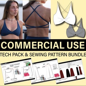 Può includere: Immagine con un reggiseno sportivo blu navy con spalline incrociate, insieme a un'illustrazione di reggiseno bianco e grigio. L'immagine include anche disegni tecnici e il testo "COMMERCIAL USE TECH PACK & SEWING PATTERN BUNDLE".