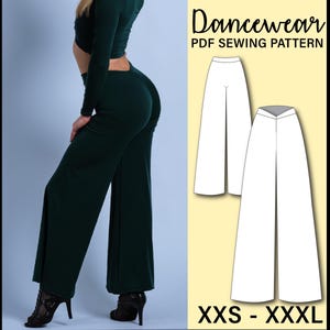 May include: A dark green dance outfit, comprising wide-leg trousers and a long-sleeved crop top. The image also shows a PDF sewing pattern for dance pants, with sizes from XXS to XXXL. Text on the image reads "Dancewear PDF Sewing Pattern".
