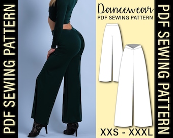 May include: Dark green dancewear outfit, including wide-leg pants and a long-sleeved crop top. The image also features a PDF sewing pattern for dance pants, with sizes ranging from XXS to XXXL. Text on the image reads "Dancewear PDF Sewing Pattern".