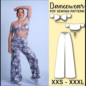 May include: A woman models a dancewear set, featuring a crop top and wide-leg pants with a black and white tropical print. The image also displays a PDF sewing pattern with illustrations of the top and pants, along with size options from XXS to XXXL.