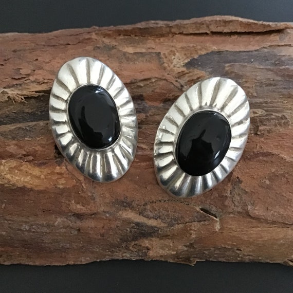 Taxco Sterling Black Stone Clip On Earrings, Mode… - image 1