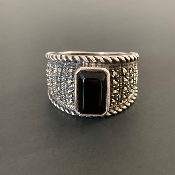 Vintage Judith Jack Marcasite Onyx Ring Size 6.5, 