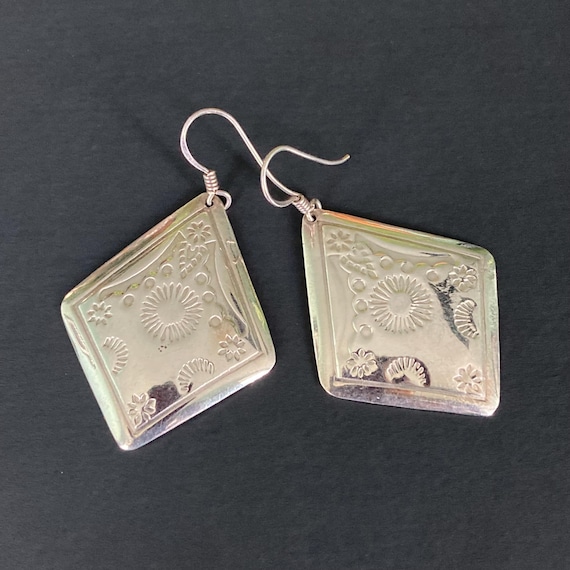 Southwestern Sterling Silver Earrings, Diamond Shaped Dangling Silver Earrings, Vintage Handmade Sterling Silver Earrings