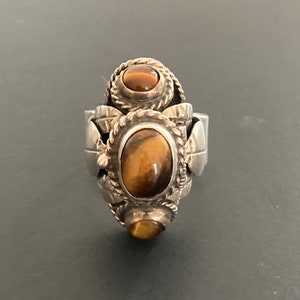 Taxco Sterling Silver Tiger Eye Poison Ring Size 7.5, Vintage Pillbox Ring Adjustable, Handmade Trinket Ring, Hidden Compartment Ring