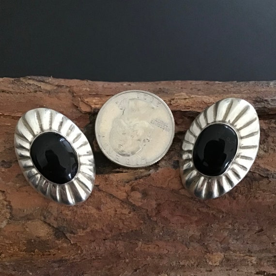 Taxco Sterling Black Stone Clip On Earrings, Mode… - image 3