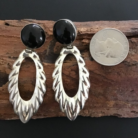 Taxco Sterling Silver Black Stone Earrings, Large… - image 5