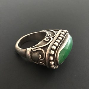 Vintage Handmade Sterling Silver Jade Ring, Size 8, Ornate Green Gemstone Ring, Southeast Asian Jewelry, Statement Ring, Gift For Her