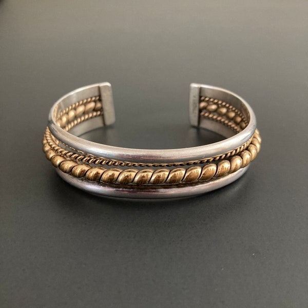 Vintage Navajo Cuff Bracelet 6.25 Inch, Sterling Silver Gold Cuff Bracelet, Franklin Tahe, Verna Tahe, Native American Sterling Bracelet