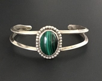 Southwest Sterling Silver Malachite Bracelet 6.25 Inches, Vintage Handmade Cuff Bracelet, Small Wrist Bracelet, Green Gemstone Bracelet