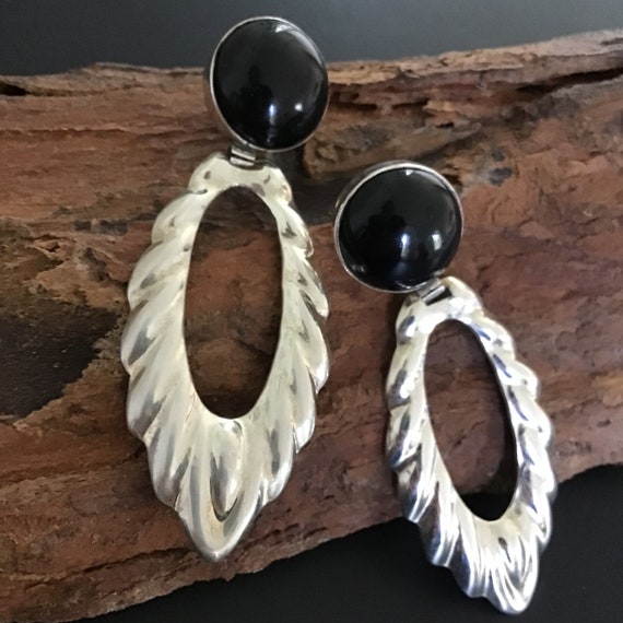 Taxco Sterling Silver Black Stone Earrings, Large… - image 3